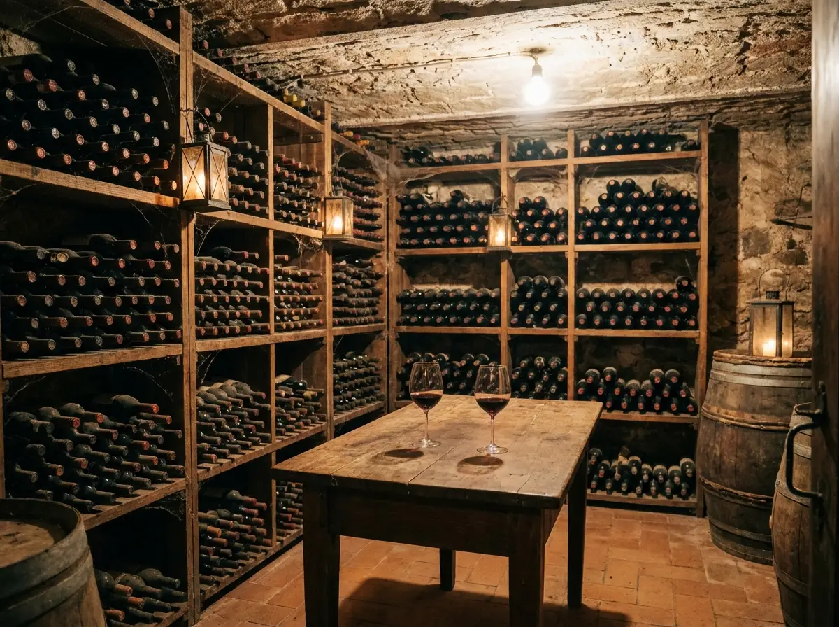 Italian wine cellar with Barolo and Brunello